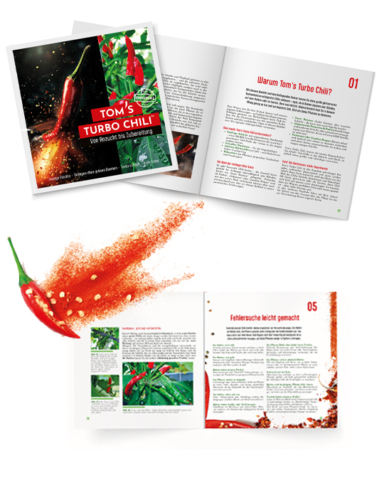Tom’s Turbo Chili Booklet mit Anzucht-Anleitung, Tipps und Innenseiten des Startersets – liebevoll gestaltet und informativ