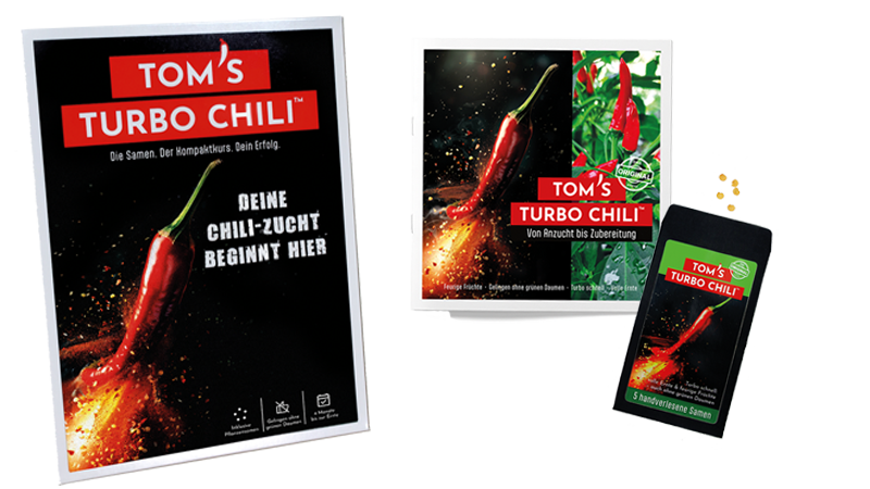 Tom’s Turbo Chili Starterset enthält handverlesene Chili-Samen und ein liebevoll gestaltetes Booklet mit Tipps und Fun Facts. Das Geschenk, das wächst – 100 % handmade aus Köln und über Amazon erhältlich.